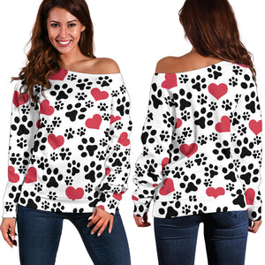 Women`s Off Shoulder Sweater Dog Paw Prints | Premium Ladies Sweater - The TC Shop