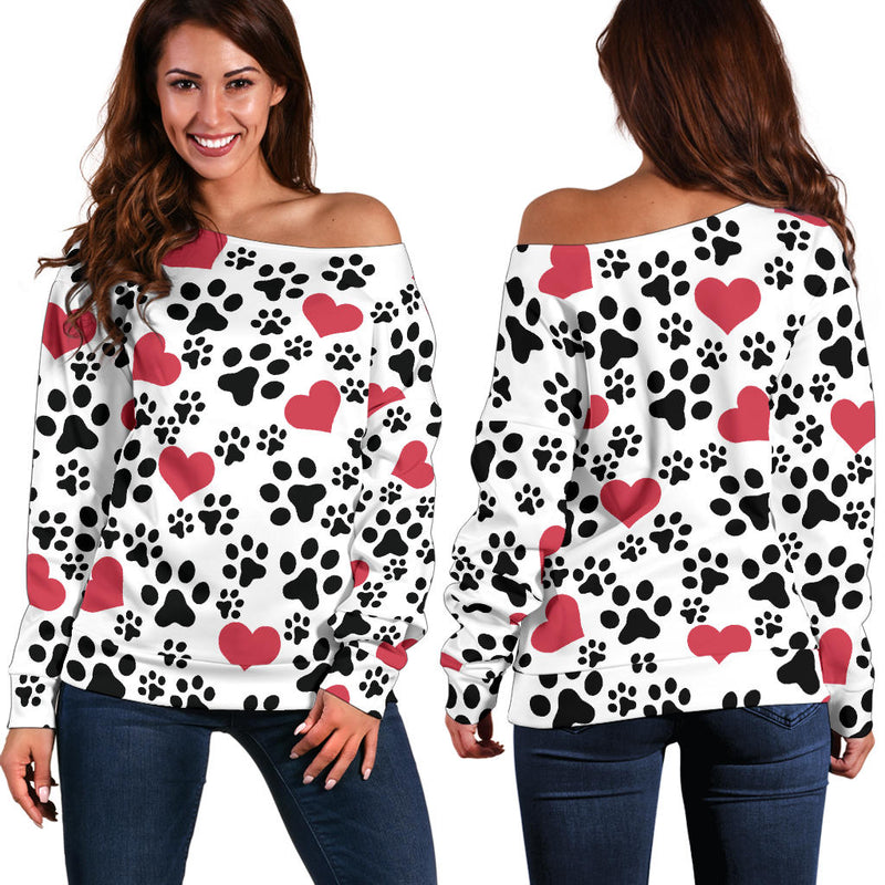 Women`s Off Shoulder Sweater Dog Paw Prints | Premium Ladies Sweater - The TC Shop