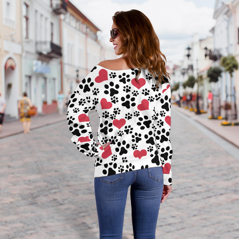 Women`s Off Shoulder Sweater Dog Paw Prints | Premium Ladies Sweater - The TC Shop